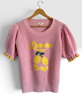 Oddi Pink Knit Puff-Sleeve Sweater with Lemon Motif Medium
